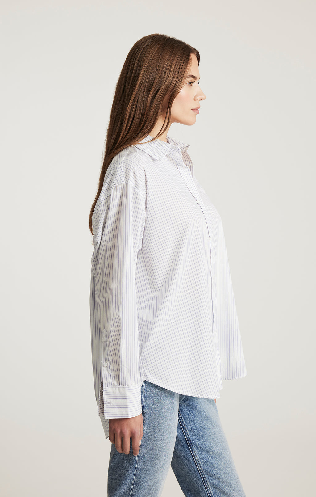 LONG SLEEVE BUTTON-UP SHIRT IN BLUE GREY STRIPE