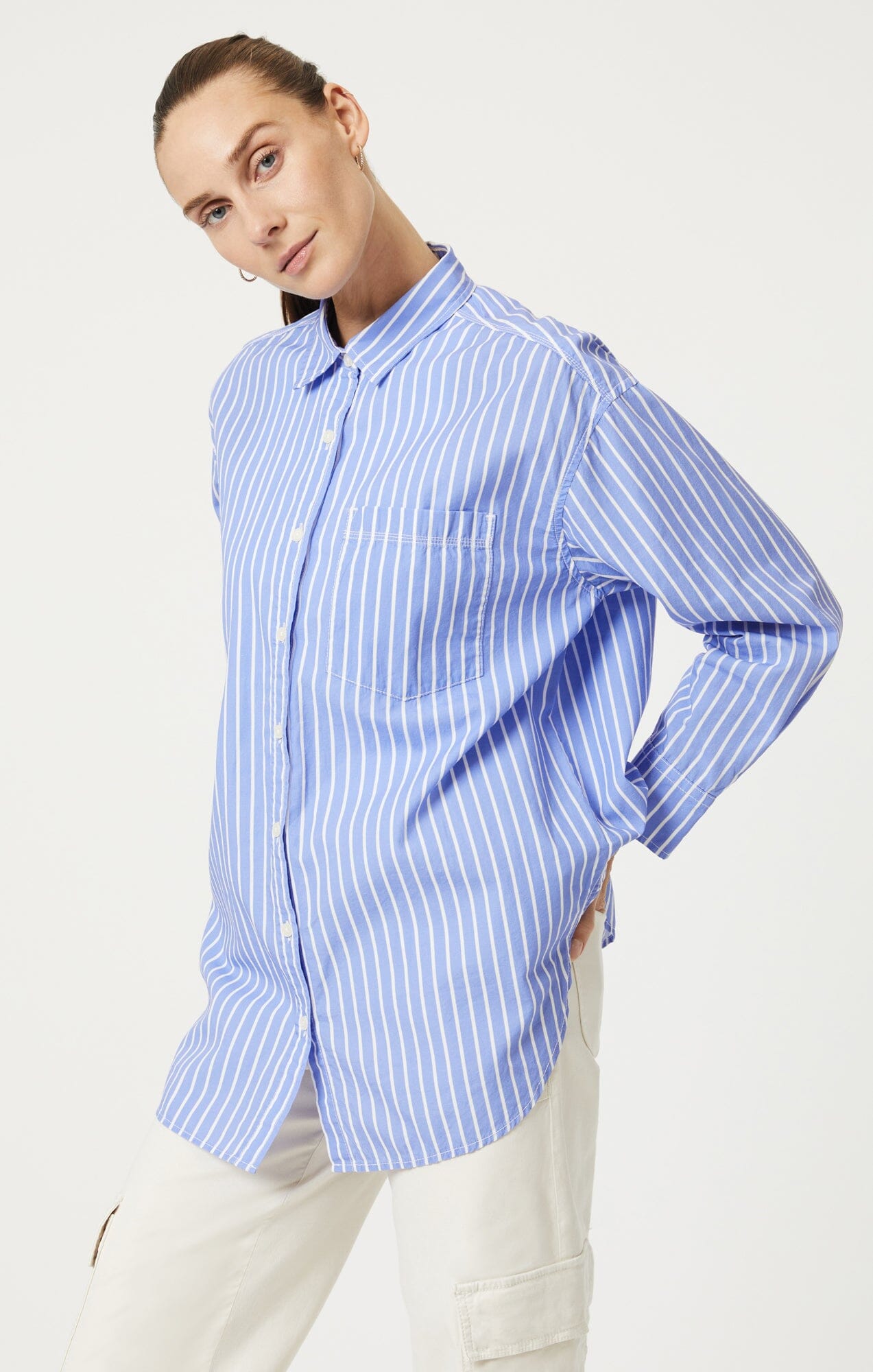 Mavi Women's Button-Up Long Sleeve Shirt In Blue White Striped
