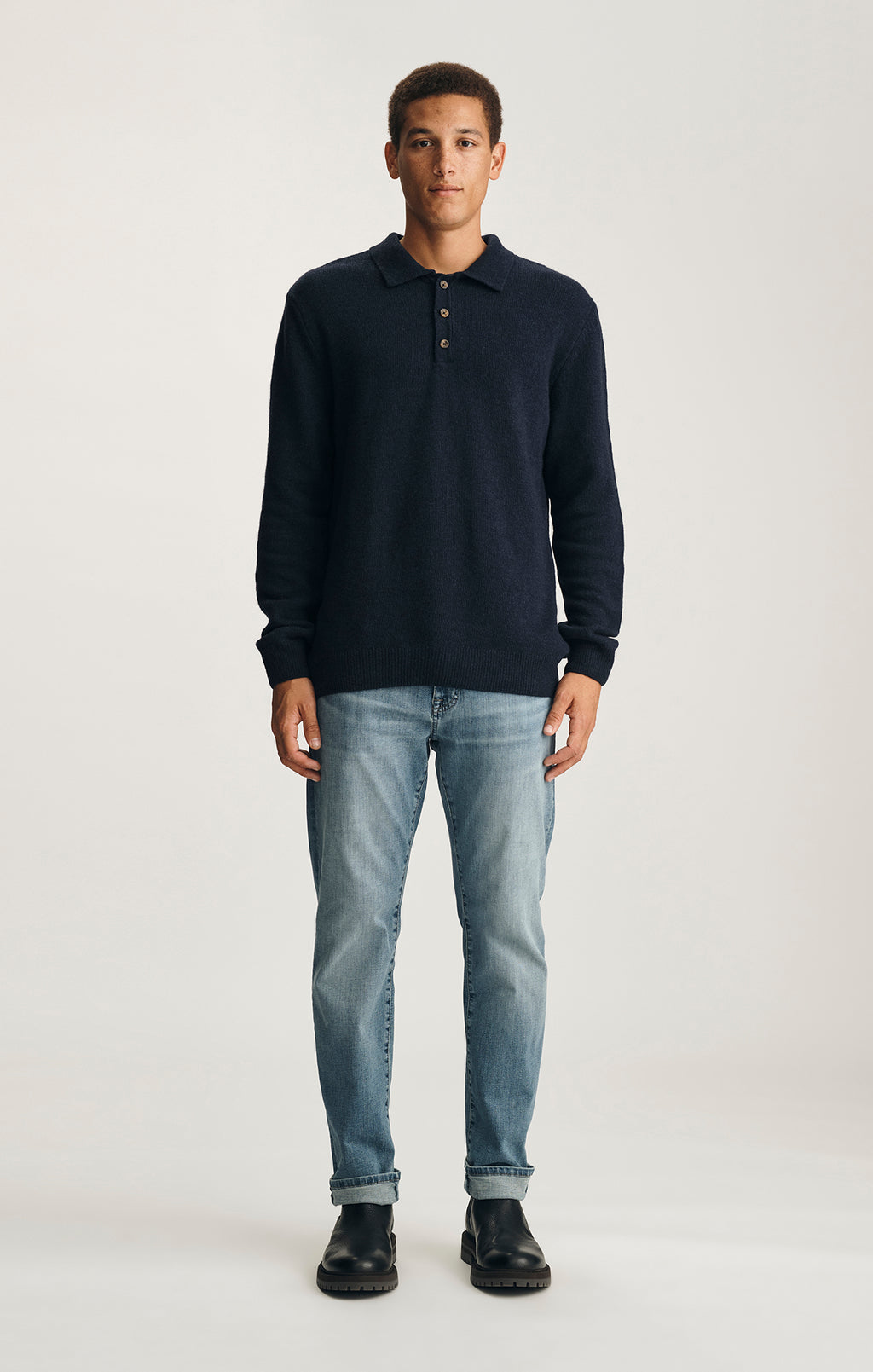 EDITION WOOL LONG SLEEVE POLO SWEATER IN TOTAL ECLIPSE