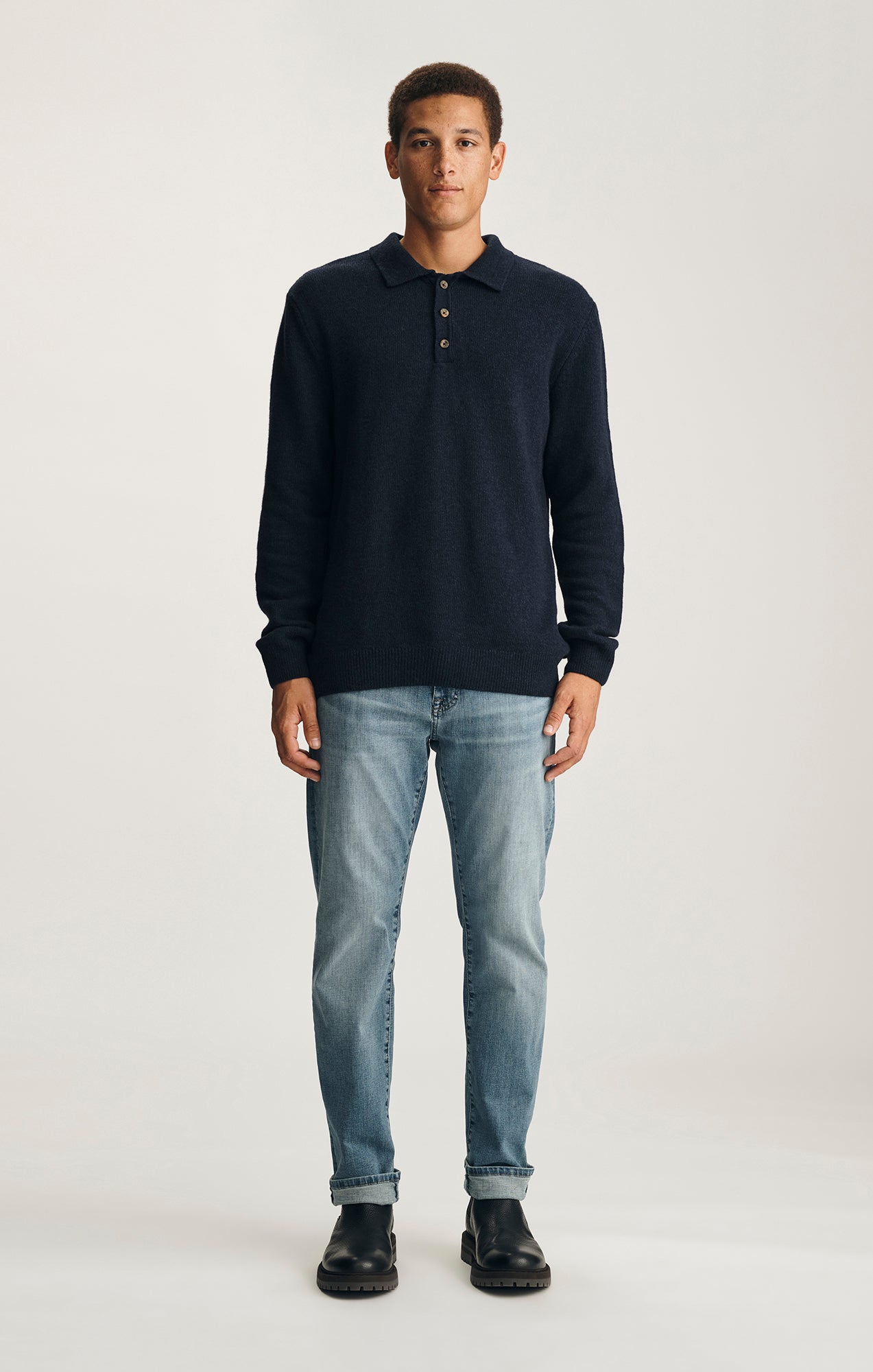 EDITION WOOL LONG SLEEVE POLO SWEATER IN TOTAL ECLIPSE