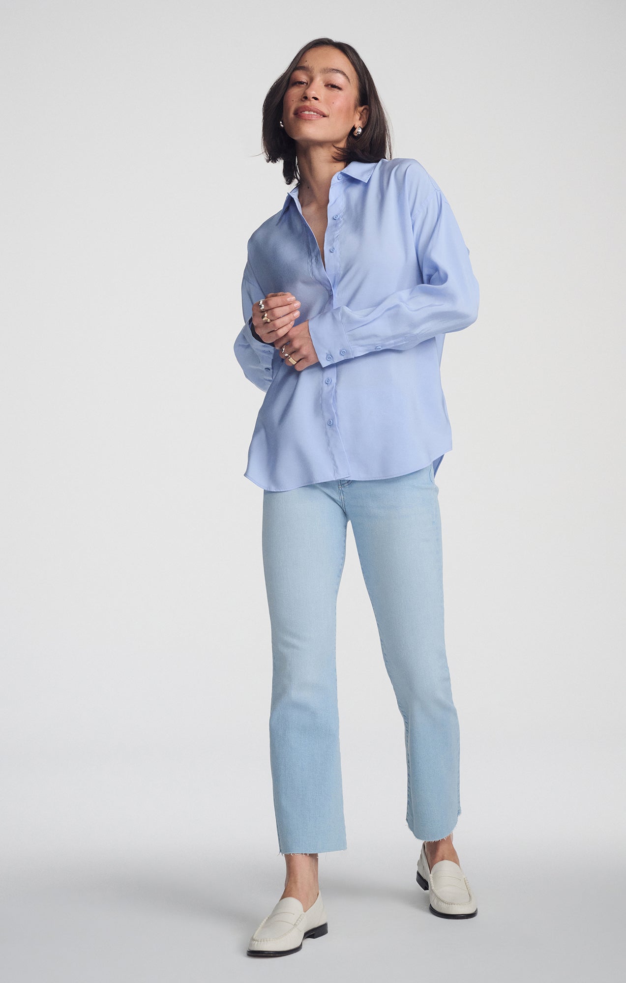 トップス Rose accent shirt blouse misty blue Chic Blue Pinstripe Button-Up Blouse | Work Tops
