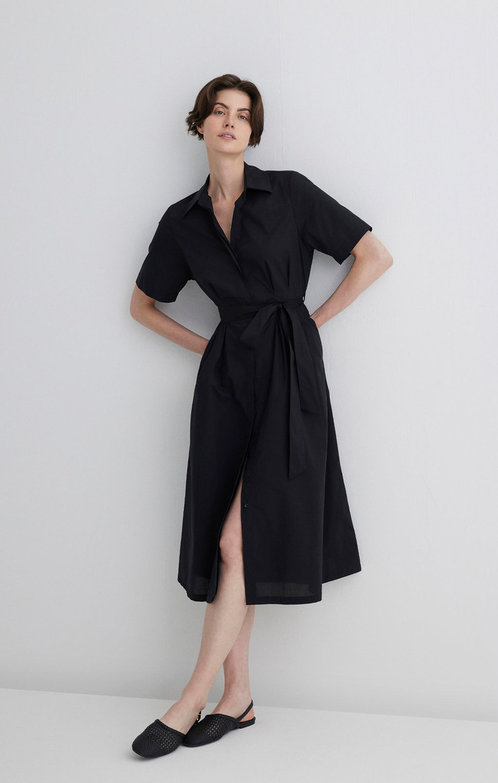 TIE-WAIST MIDI SHIRTDRESS IN BLACK - Mavi Jeans