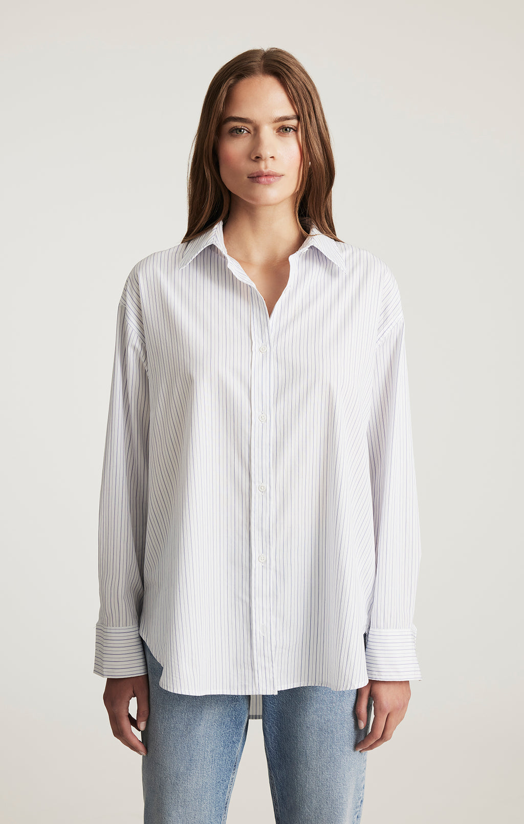 LONG SLEEVE BUTTON-UP SHIRT IN BLUE GREY STRIPE