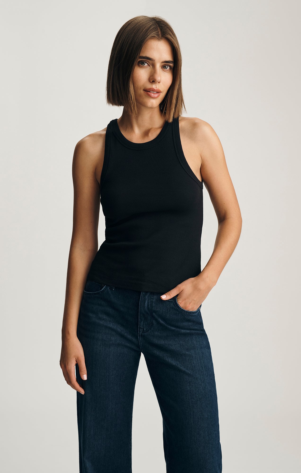 STELLA RIBBED HIGH NECK TANK TOP IN BLACK