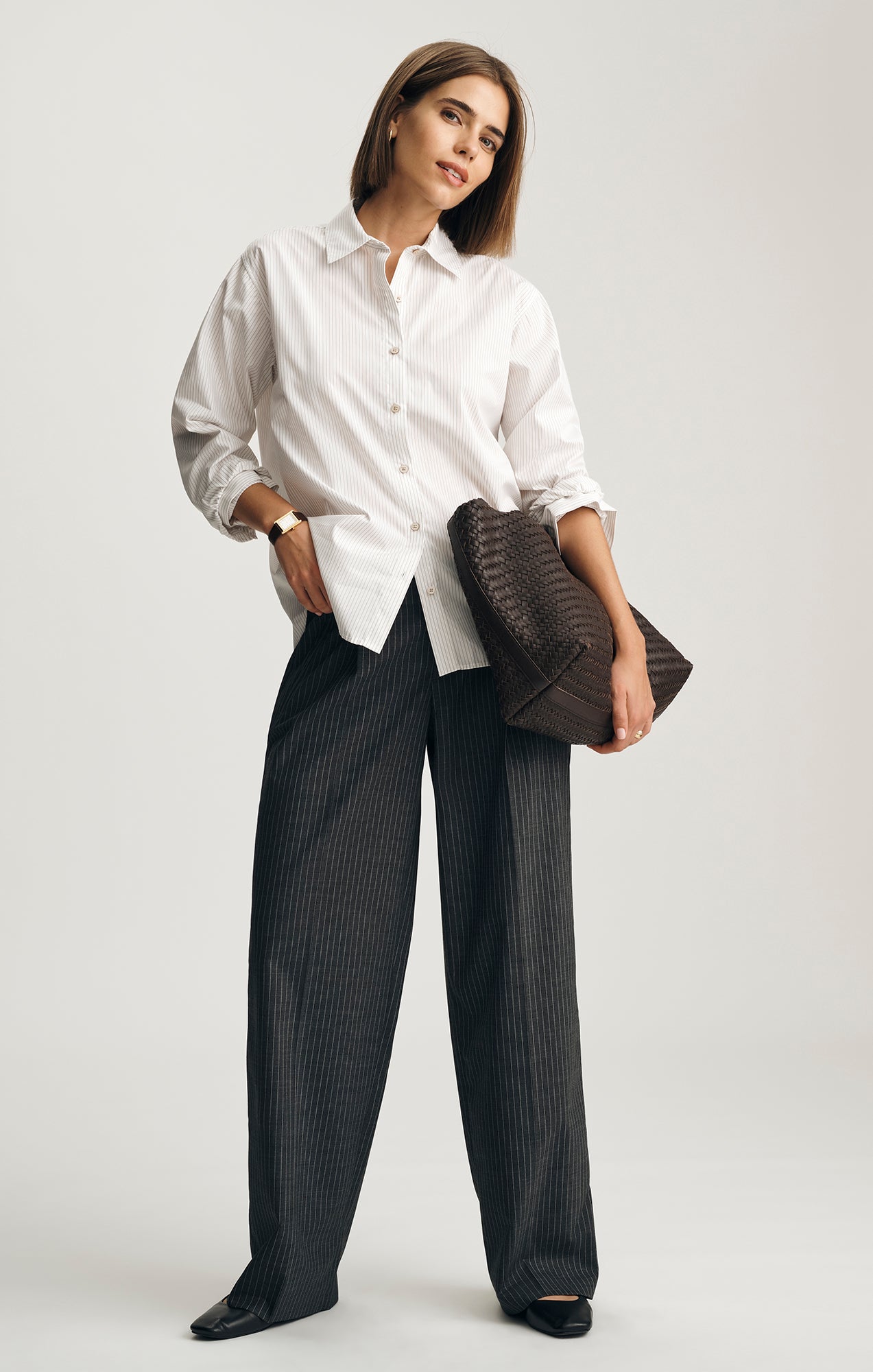 LONG SLEEVE BUTTON-UP SHIRT IN BEIGE STRIPE