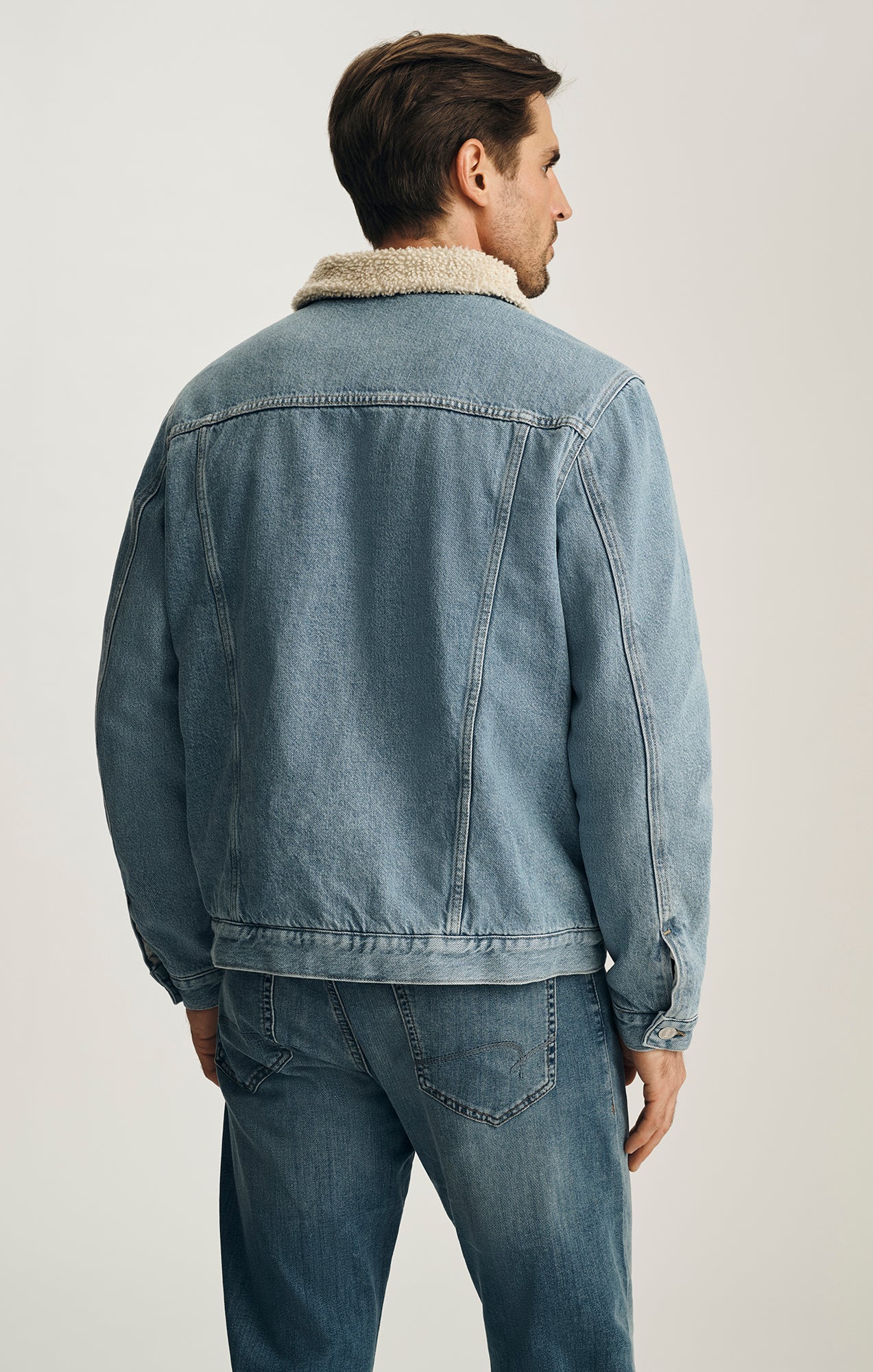 ZANDER SHERPA TRUCKER JACKET IN SKY BLUE SHERPA DENIM