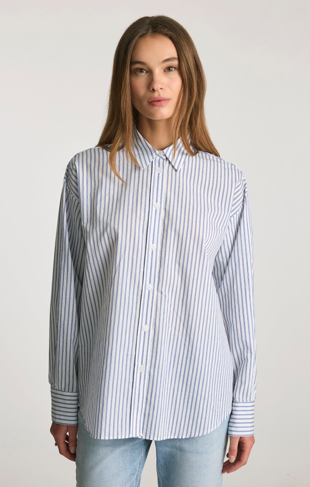 blue and white striped dress shirt womens Mavi Women's Oversized Button-Up In down shirt is back