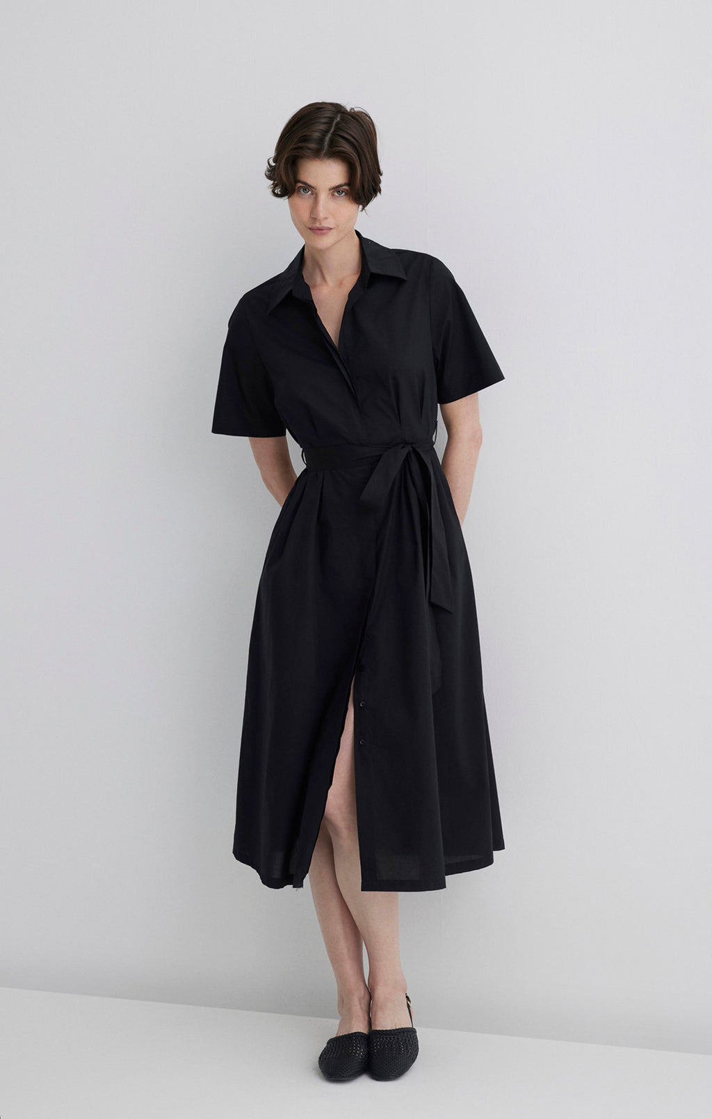 TIE-WAIST MIDI SHIRTDRESS IN BLACK - Mavi Jeans