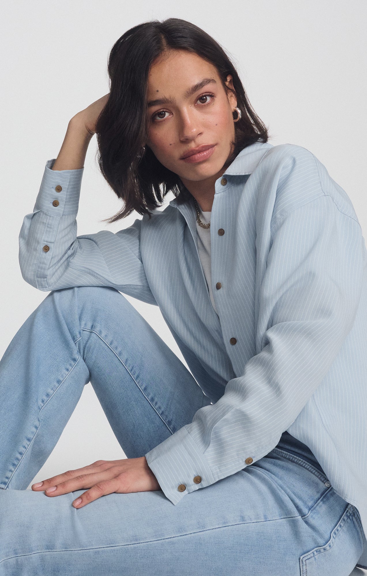 LUXE TOUCH TENCEL™ BUTTON-UP STRIPED SHIRT IN AIR BLUE STRIPE - Mavi Jeans