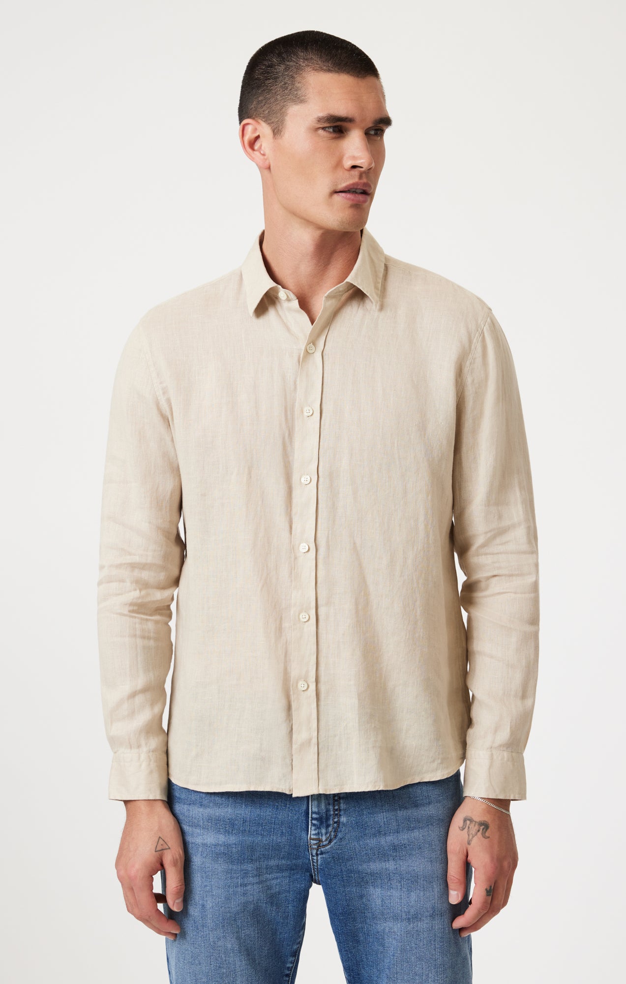 LINEN LONG SLEEVE BUTTON-UP SHIRT IN FEATHER GRAY - Mavi Jeans