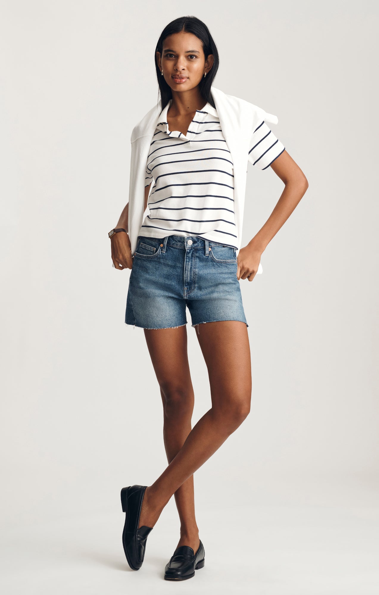 CROPPED POLO T-SHIRT IN BLACK IRISH STRIPE - Mavi Jeans