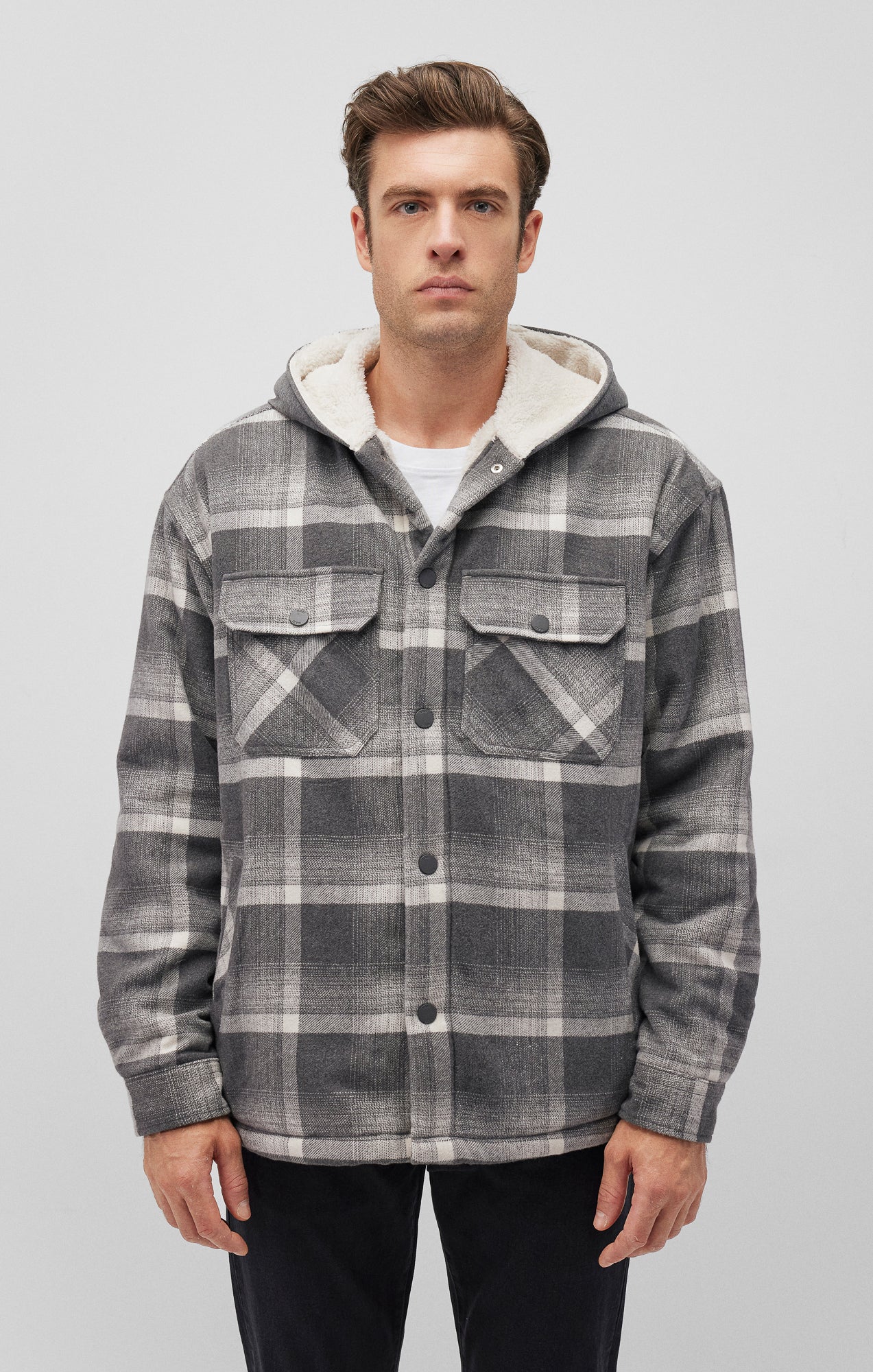PLAID HOODED SHACKET IN BLACK CHECK - Mavi Jeans