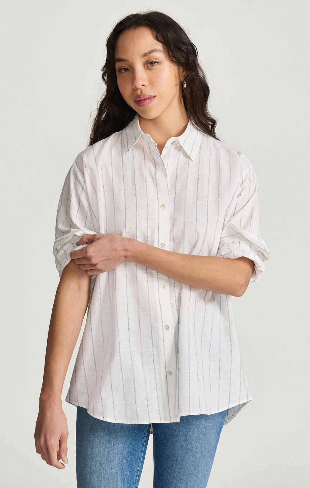 LONG SLEEVE BUTTON-UP SHIRT IN NAVY STRIPED - Mavi Jeans