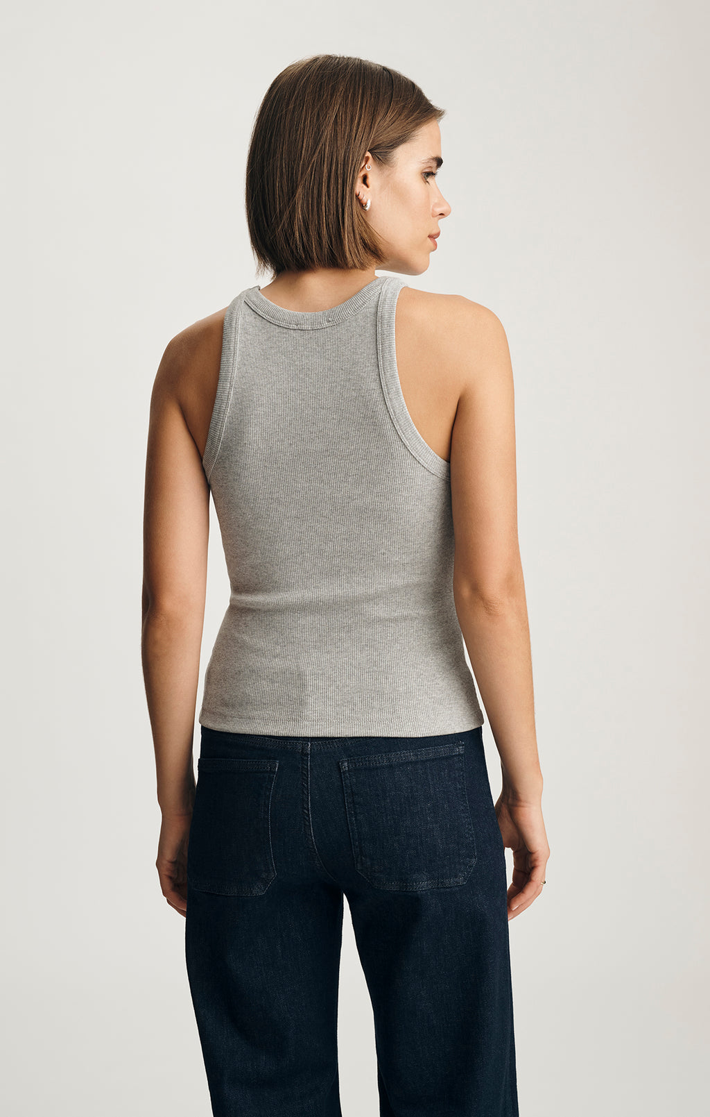 STELLA RIBBED HIGH NECK TANK TOP IN LIGHT GREY MELANGE