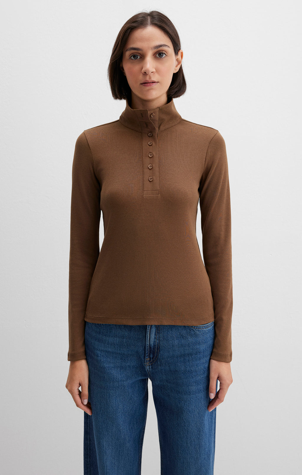 BUTTON-FRONT TURTLENECK SHIRT IN TEAK - Mavi Jeans