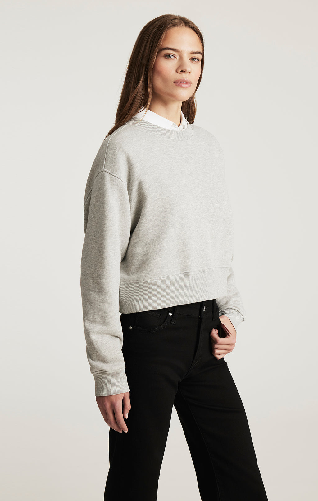 CROPPED CREW NECK SWEATSHIRT IN GREY MELANGE - Mavi Jeans