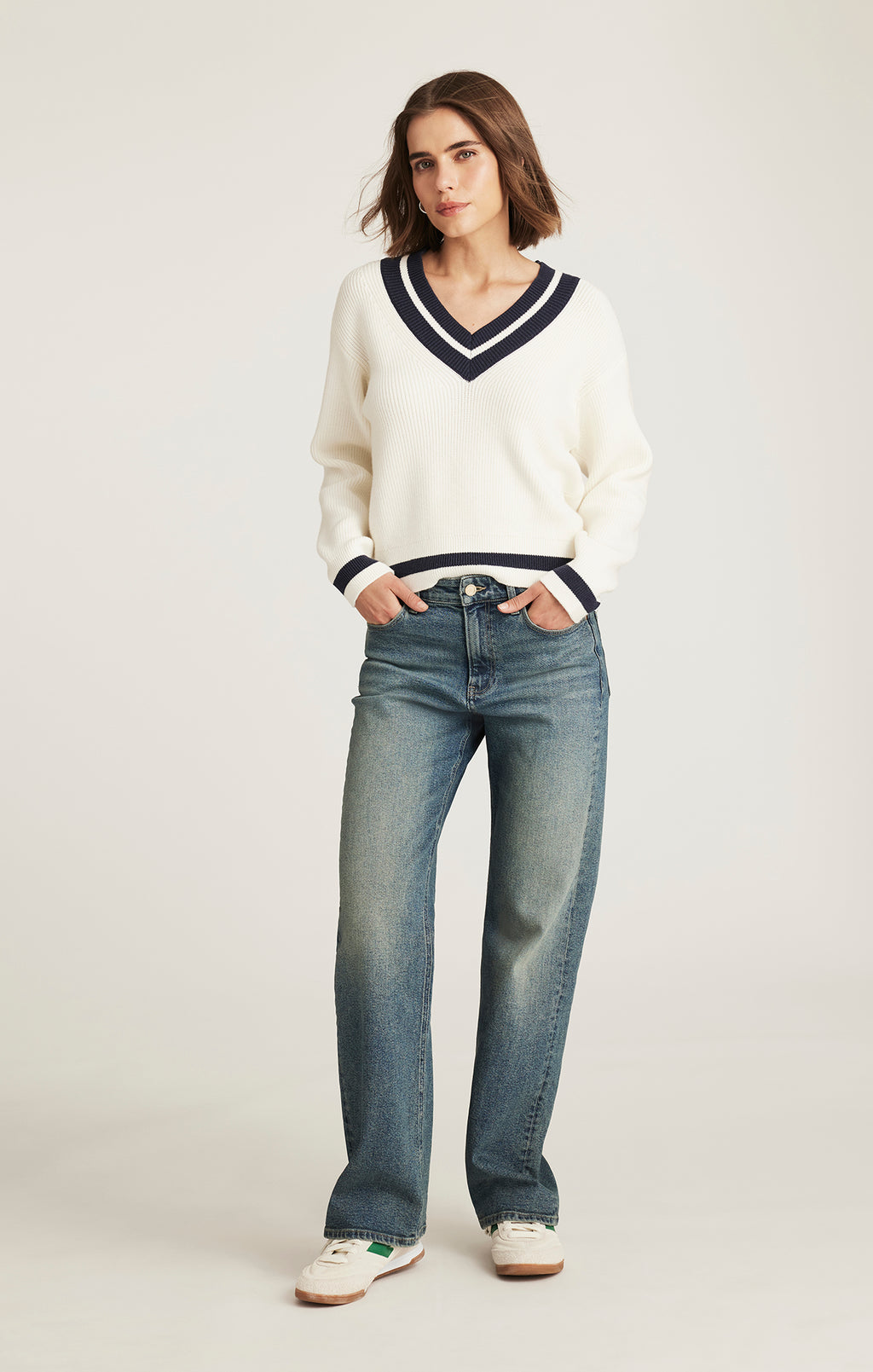 VARSITY V-NECK SWEATER IN ANTIQUE WHITE