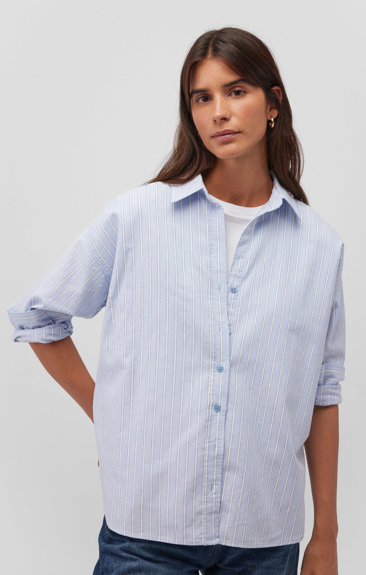 LONG SLEEVE BUTTON-UP SHIRT IN BLUE STRIPE - Mavi Jeans