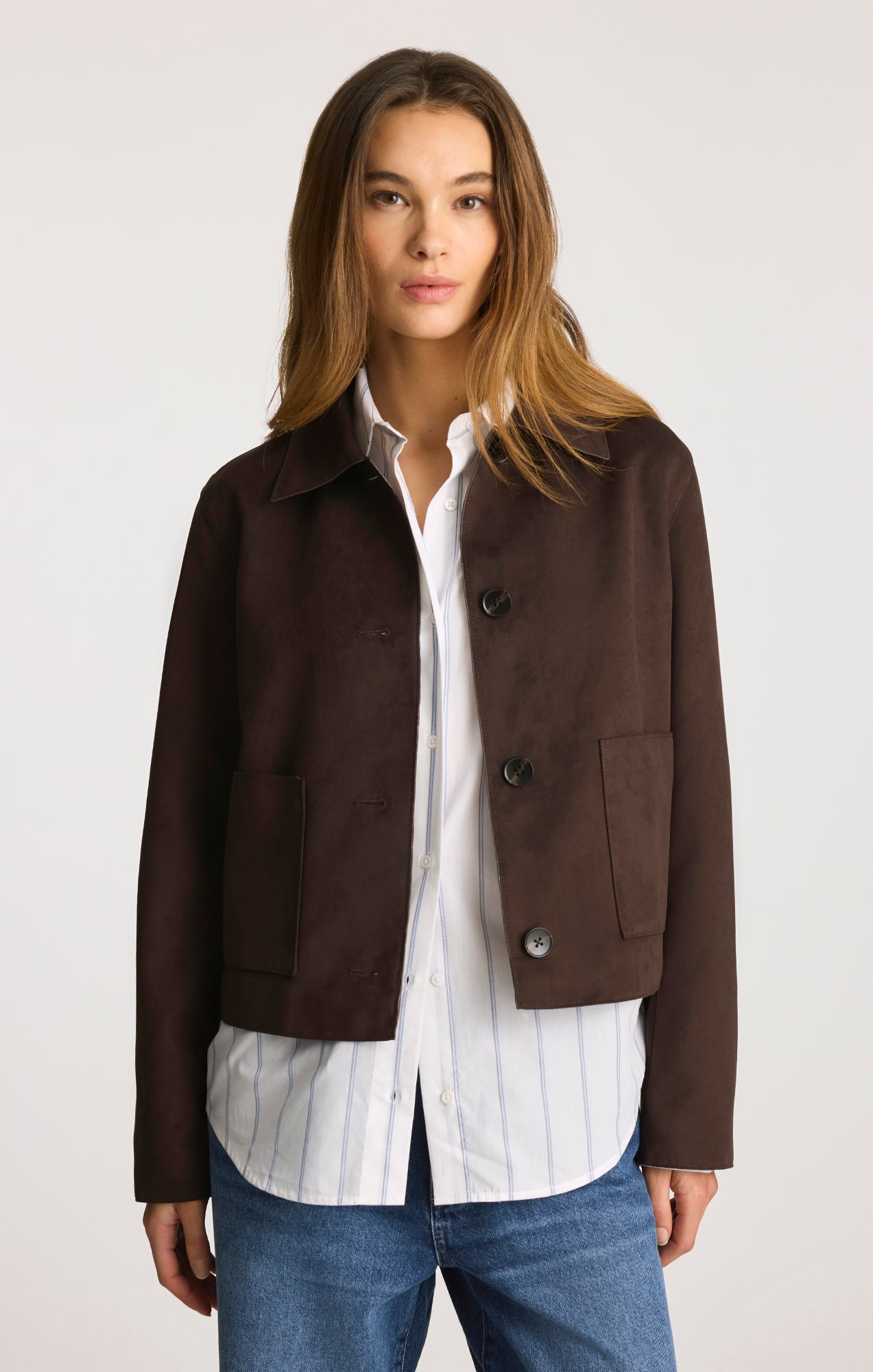 FAUX SUEDE CROPPED JACKET IN BLACK COFFEE