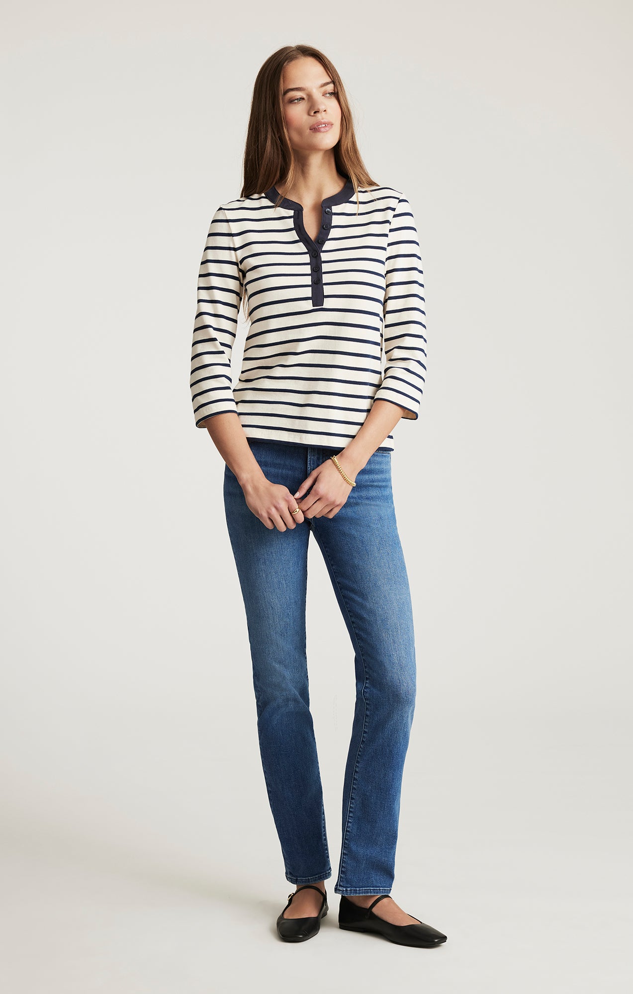 HENLEY QUARTER SLEEVE T-SHIRT IN NAVY BLAZER STRIPE