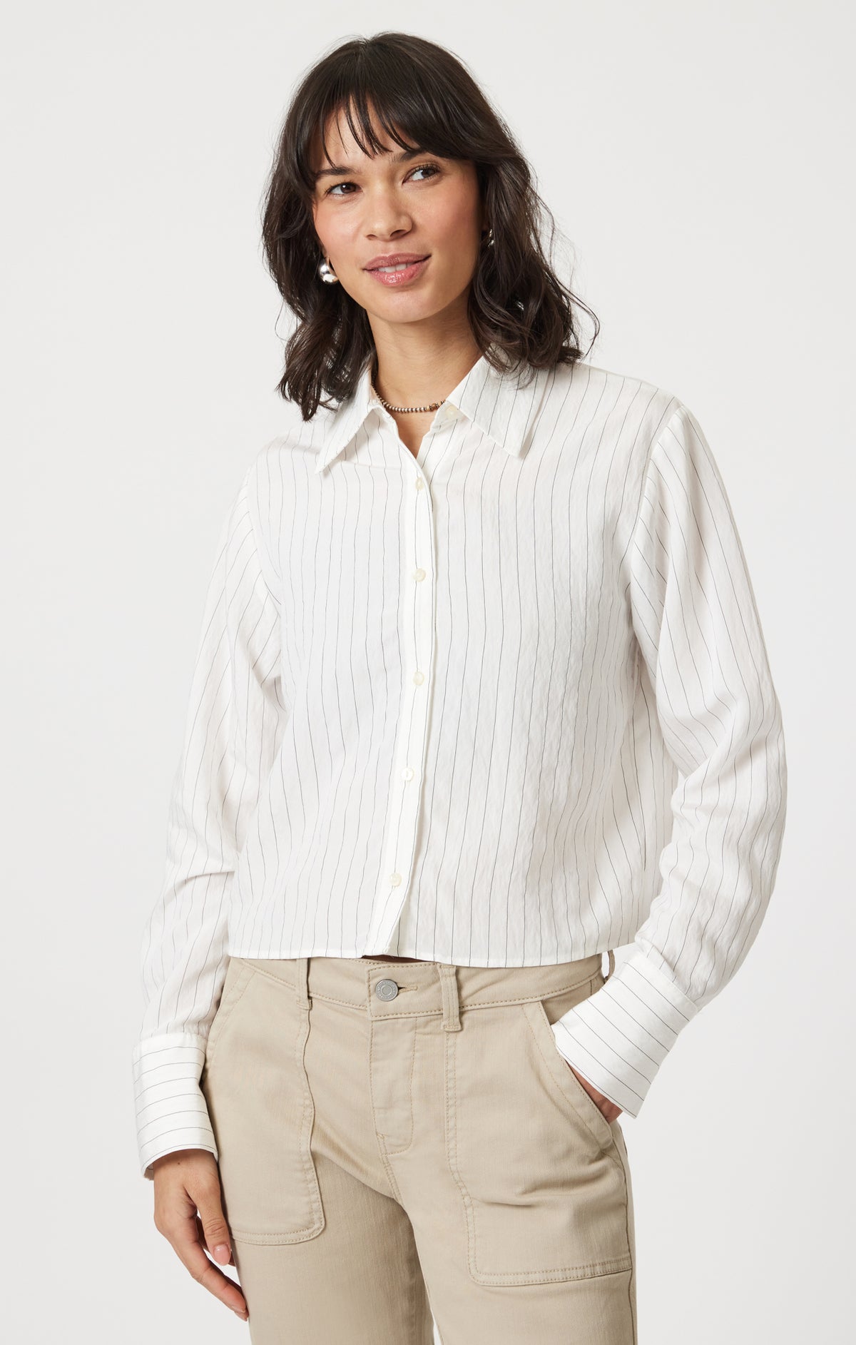 Mavi Women's Long Sleeve Button-Up Shirt In Black Pin Stripe