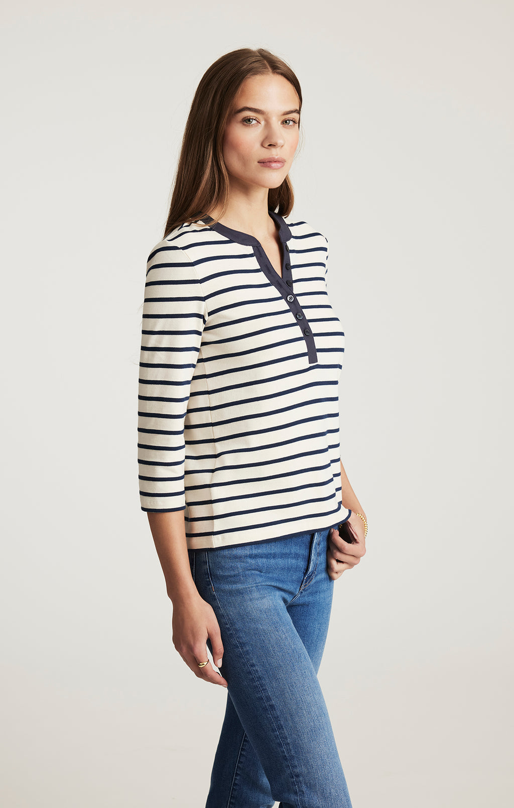 HENLEY QUARTER SLEEVE T-SHIRT IN NAVY BLAZER STRIPE