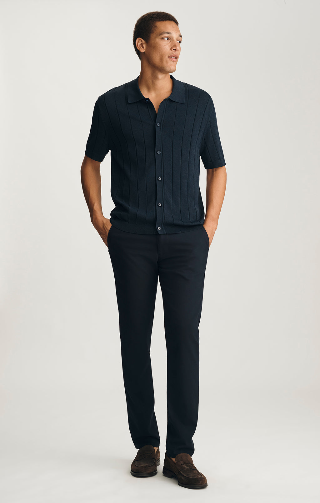 MILTON SLIM STRAIGHT CHINO IN NAVY FEATHER TWEED