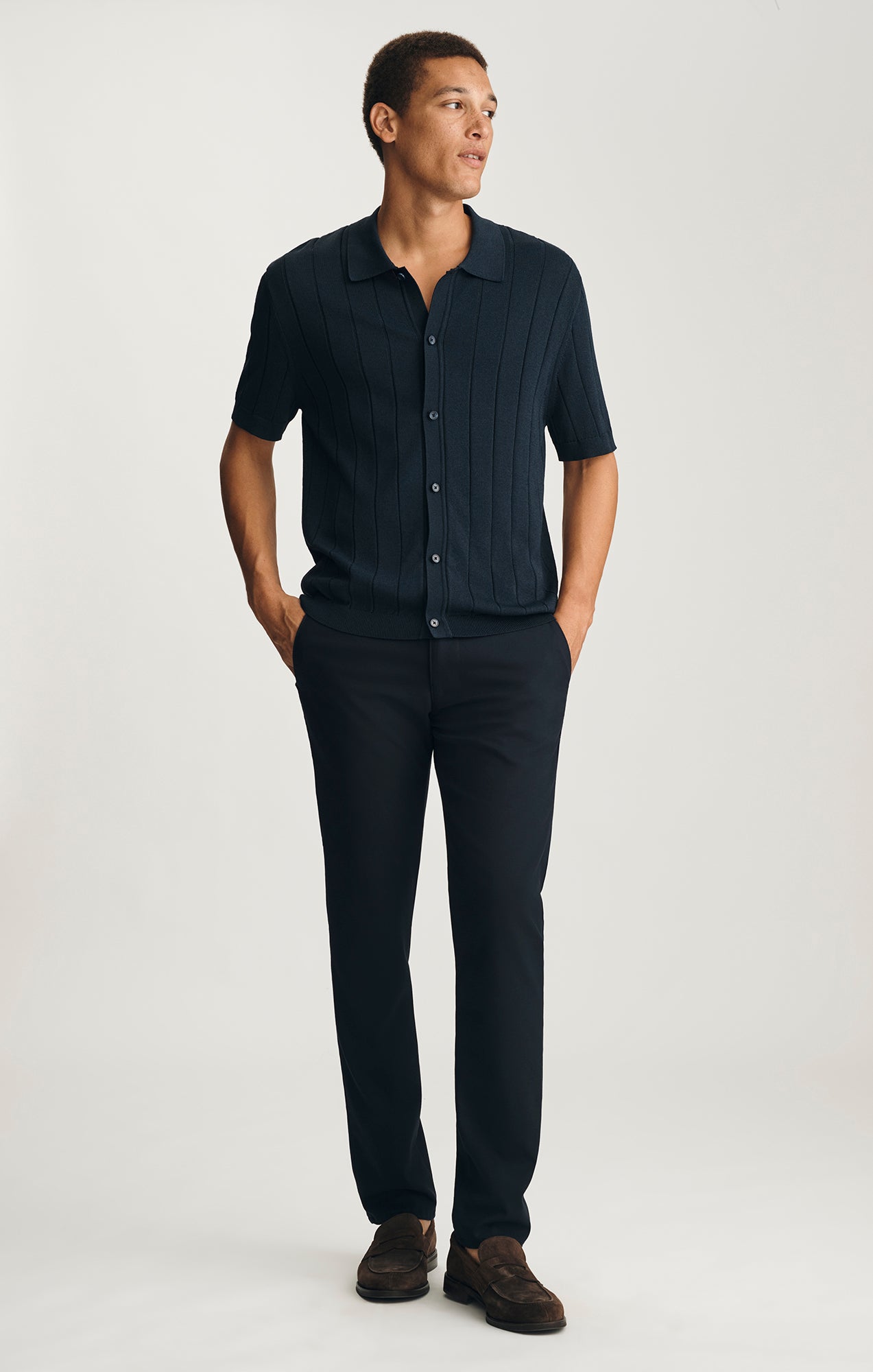 MILTON SLIM STRAIGHT CHINO IN NAVY FEATHER TWEED