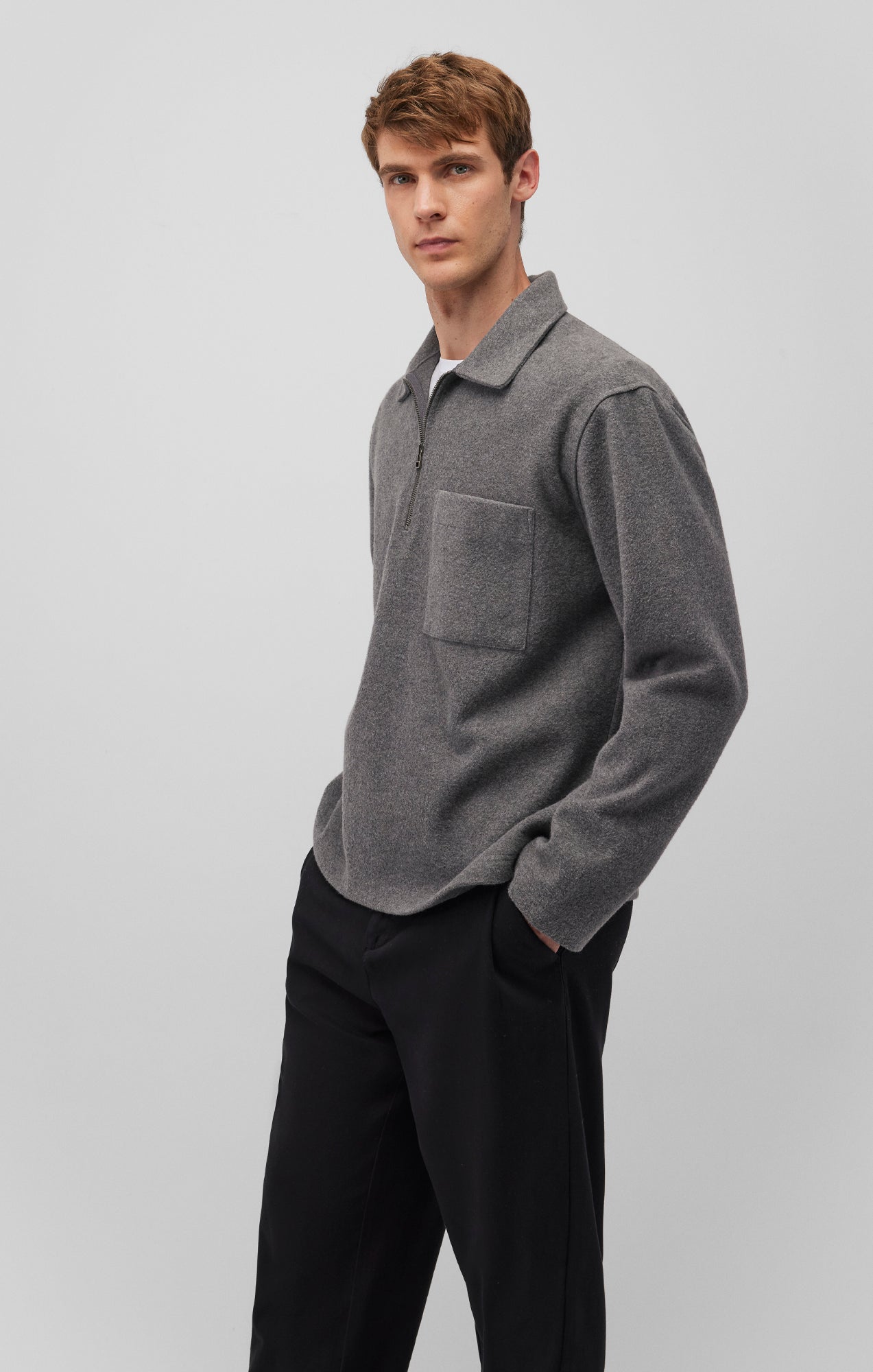 QUARTER ZIP POCKET SWEATSHIRT IN GREY MELANGE - Mavi Jeans