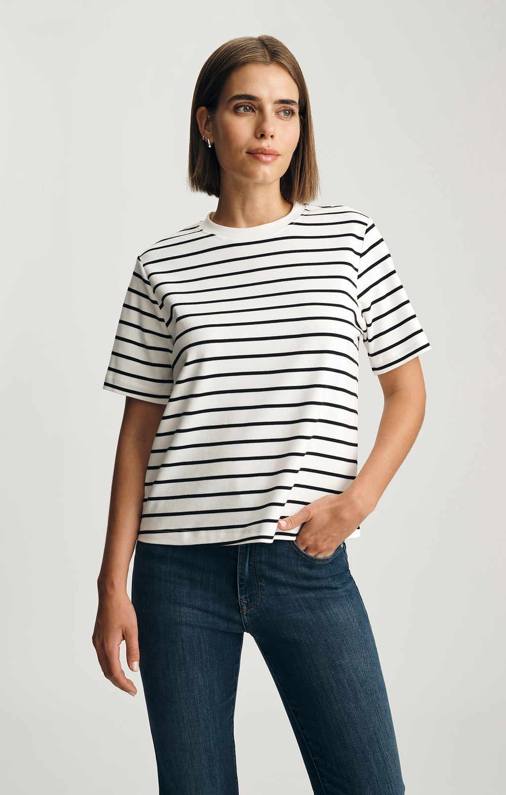 AUDREY INTERLOCK CREW NECK T-SHIRT IN BLACK WHITE STRIPE