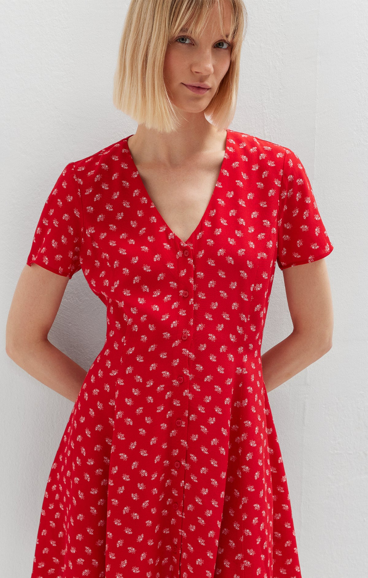 button front mini dress Mavi Women's Button-Front In Urban Red Petal Print The dress boasts elastic Petal and Pup Women's 6 inches beyond the wrist Color:Navy/Stv Navy