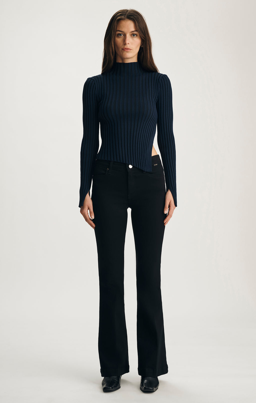 ASYMMETRICAL MOCK NECK SWEATER IN BLACK IRIS