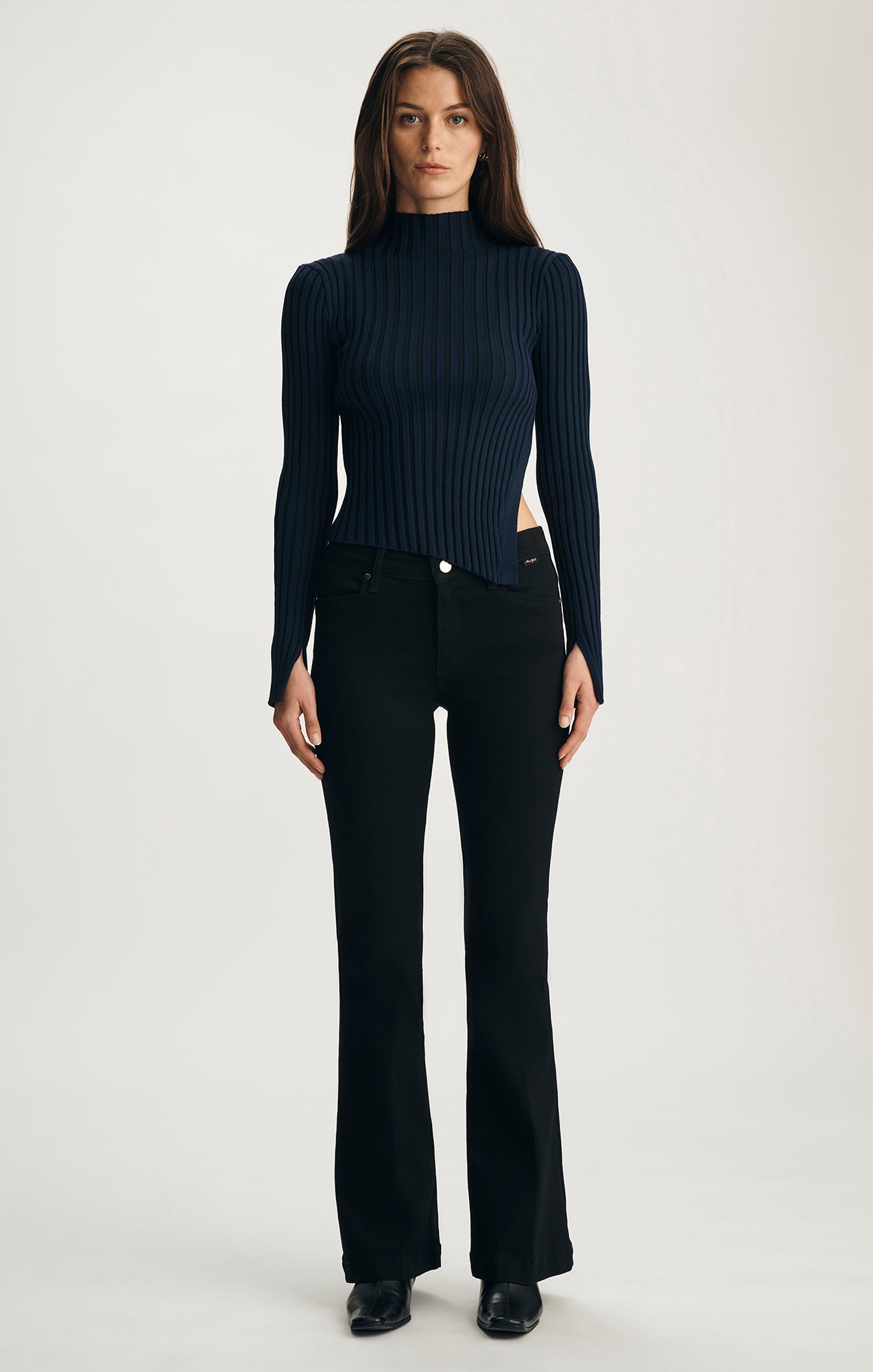 ASYMMETRICAL MOCK NECK SWEATER IN BLACK IRIS