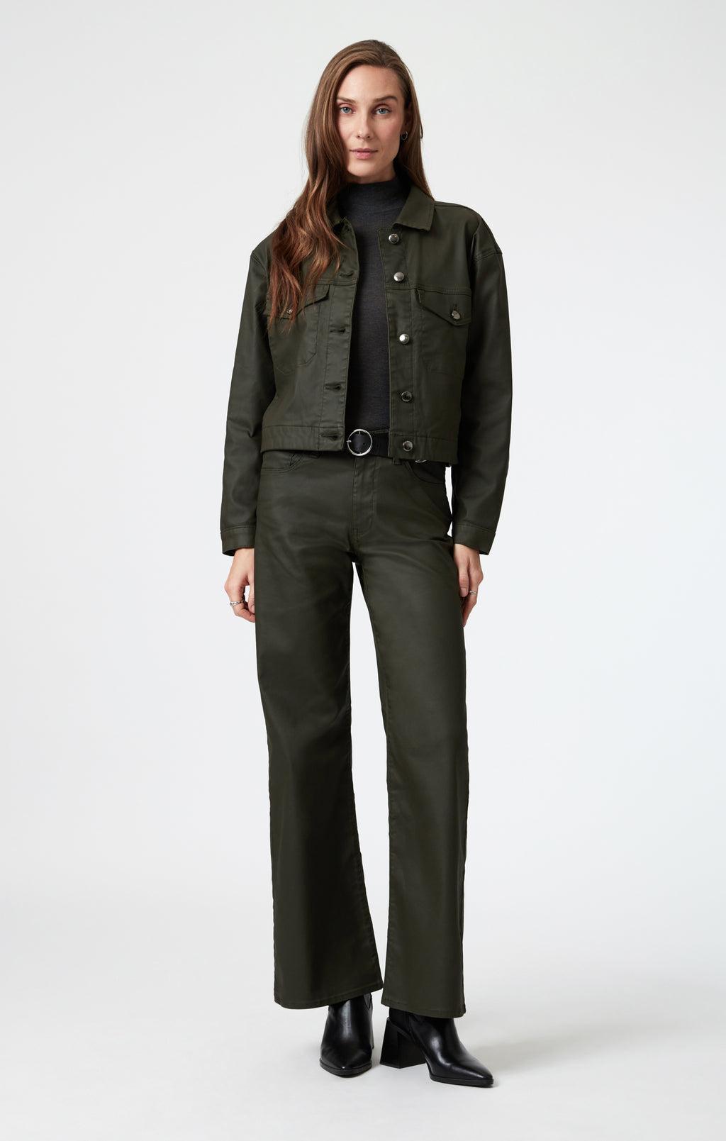 MAREN CROP JACKET IN DARK OLIVE COATED - Mavi Jeans