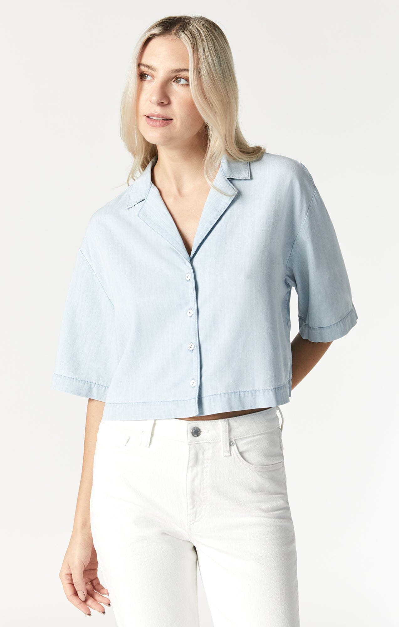 Cropped Short Sleeve Shirt for Women - Light Denim