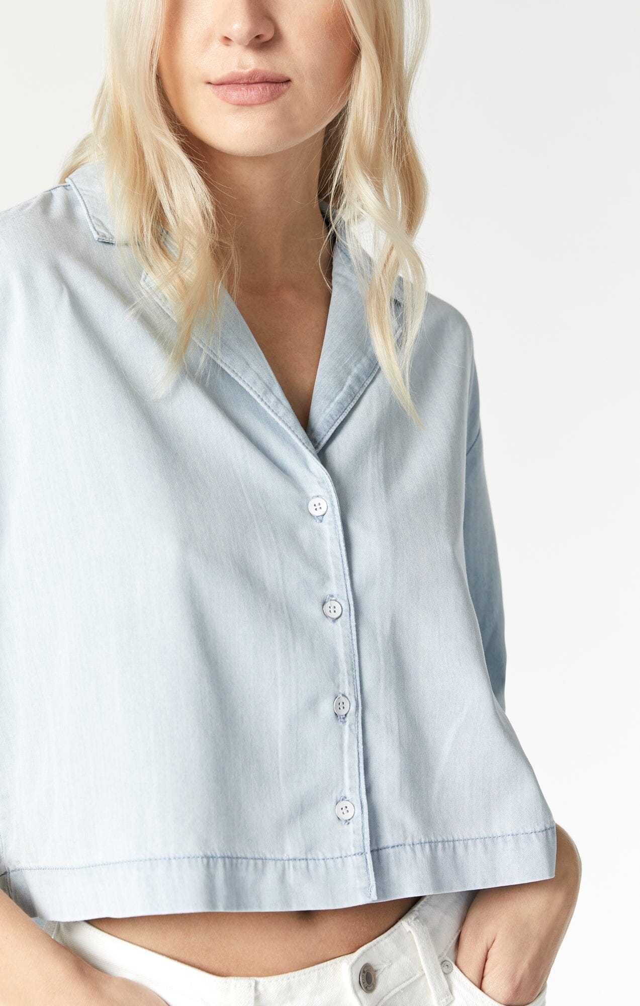 Cropped Short Sleeve Shirt for Women - Light Denim