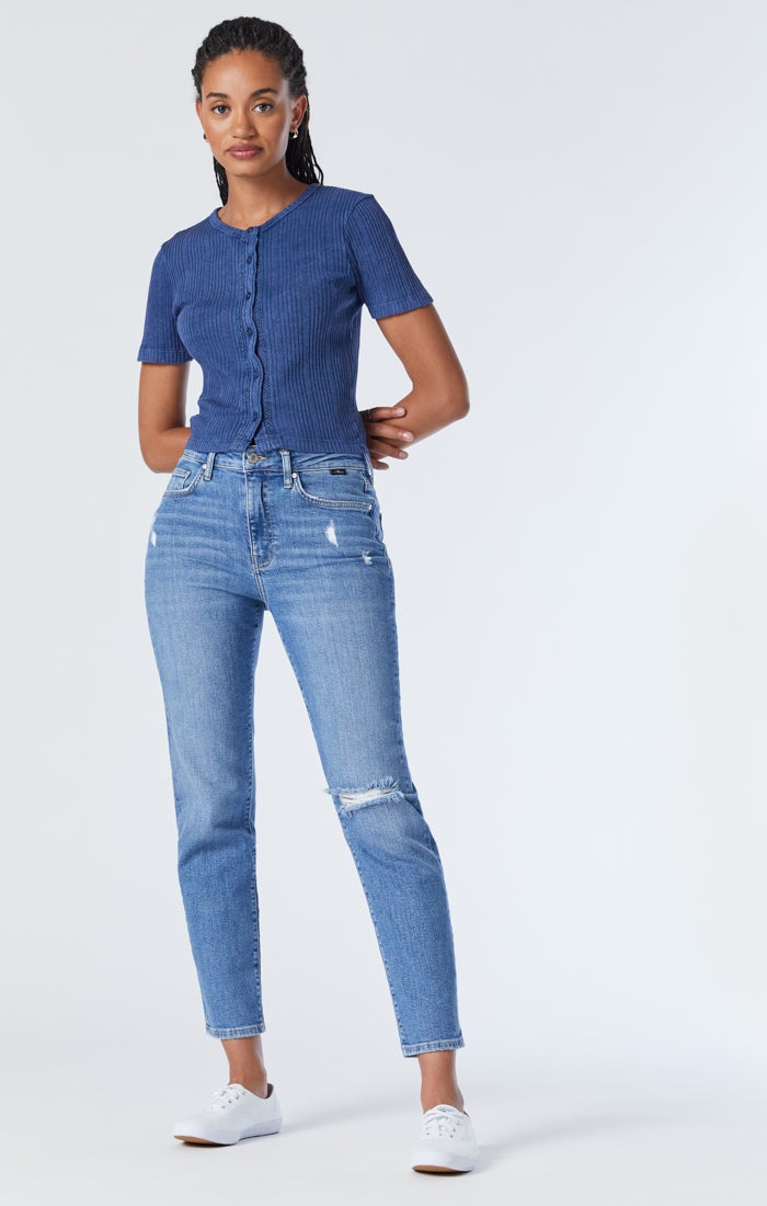 Mavi Soho High-Rise, Girlfriend Jeans In Mid Distressed Recycle